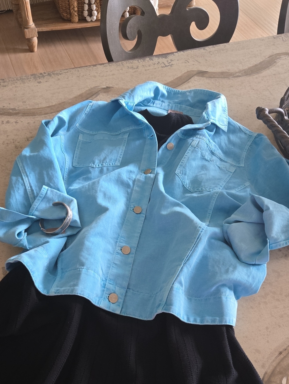 Linen Blend Jean Jacket Sea Blue, NWOT, 3 Season Weight, Size XL